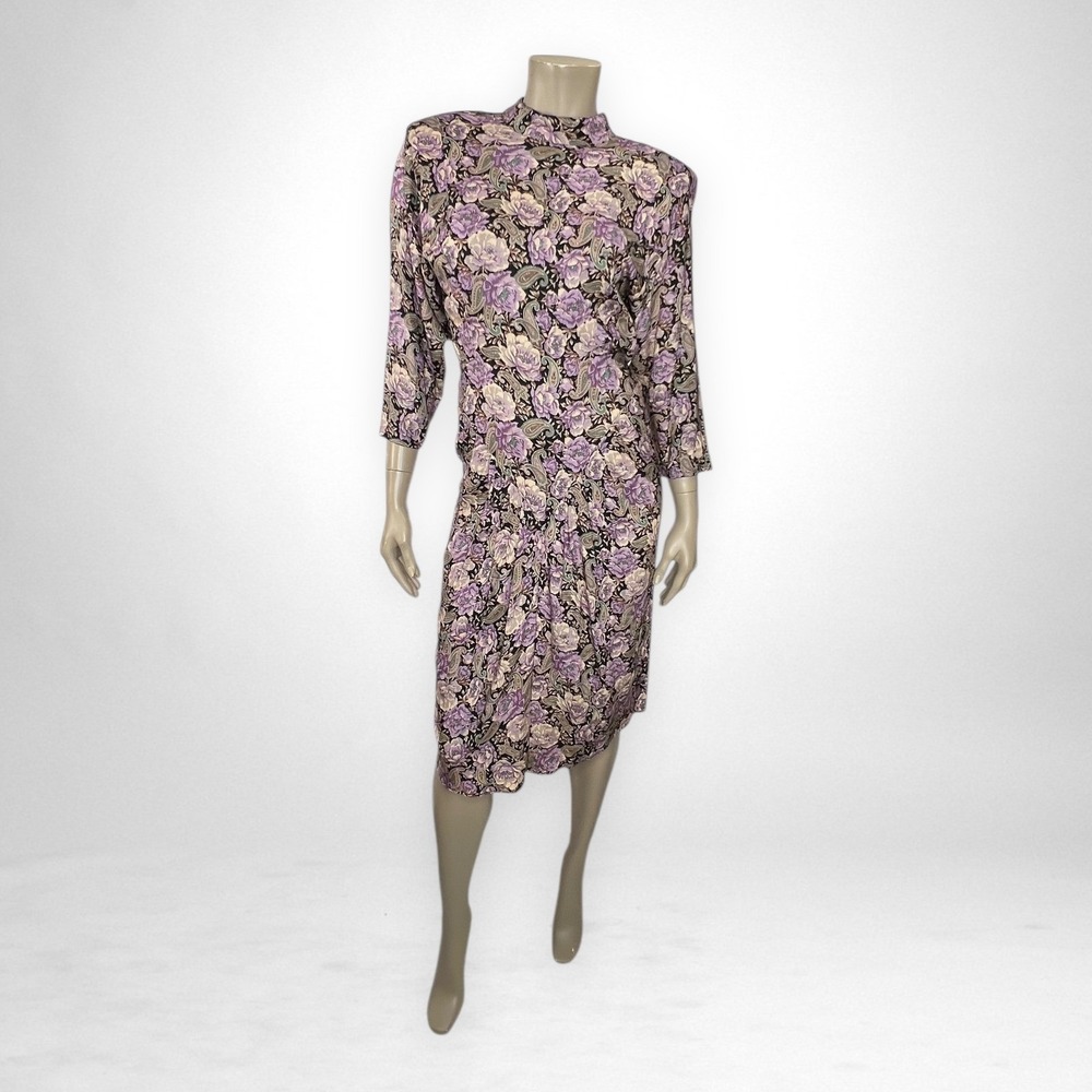 Vintage 80s Floral Print Mock Neck Open Back Midi Dress 9/10